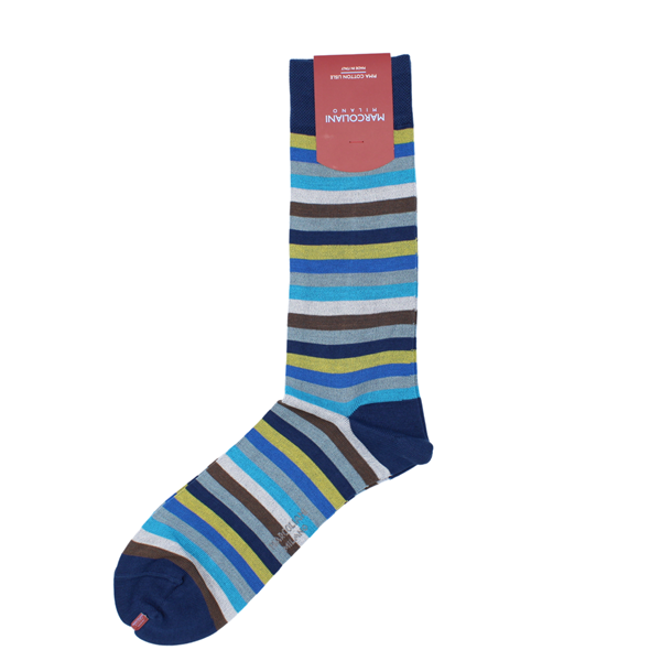Marcoliani Milano blue, yellow, brown and aqua horizontal striped cotton blend socks	