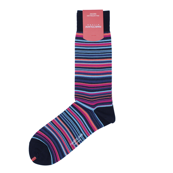 Marcoliani Milano navy, fuschia and aqua multi striped cotton blend socks	